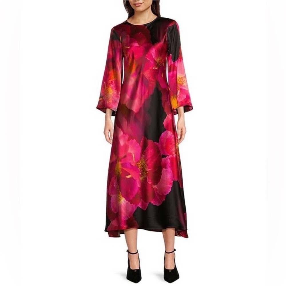 NWT JOHNNY WAS Silk Floral Bloom Placement Print 3/4 Flared Sleeve Dress - Picture 5 of 11